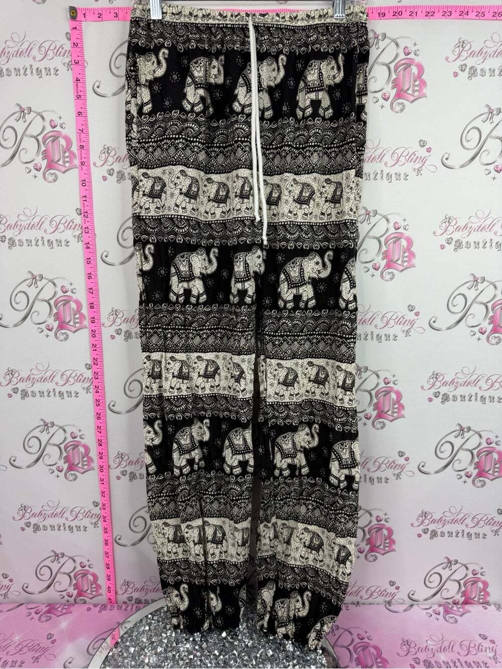 Thailand pants elephant Black & Cream Elephant Print Drawstring Pants jogger